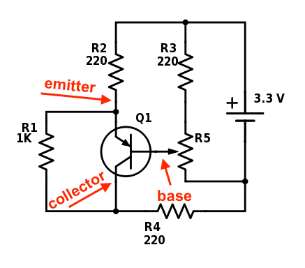 Transistor and potentiometer test circuit diagram for PNP transistor